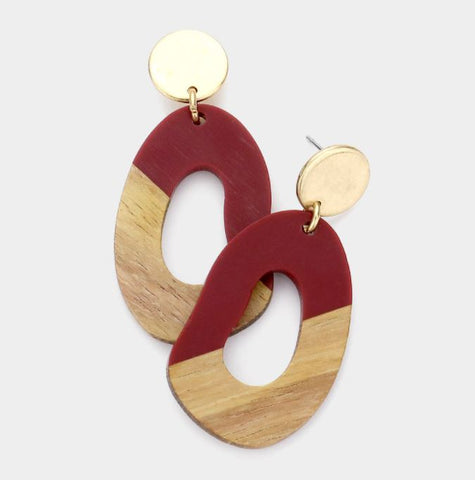 Gold & Wood Earrings - Wine